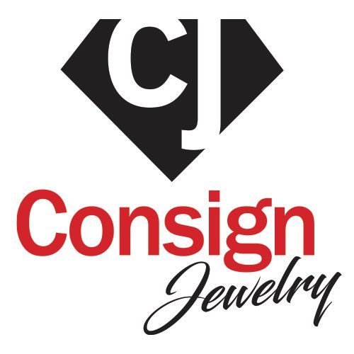 A red and black logo for consign jewelry.